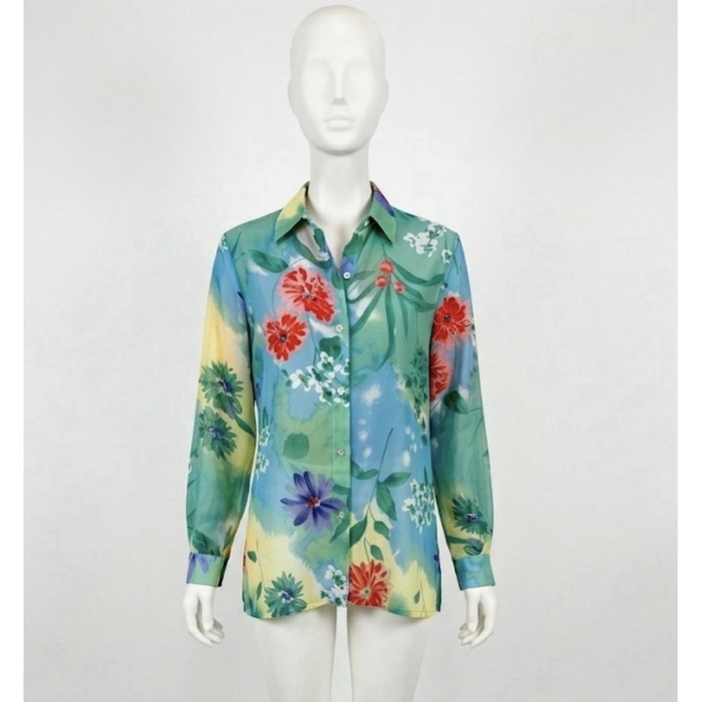 VTG Ashlyn Kate 100% Silk Blouse Sheer Floral Abstract Watercolor Shirt L NWT